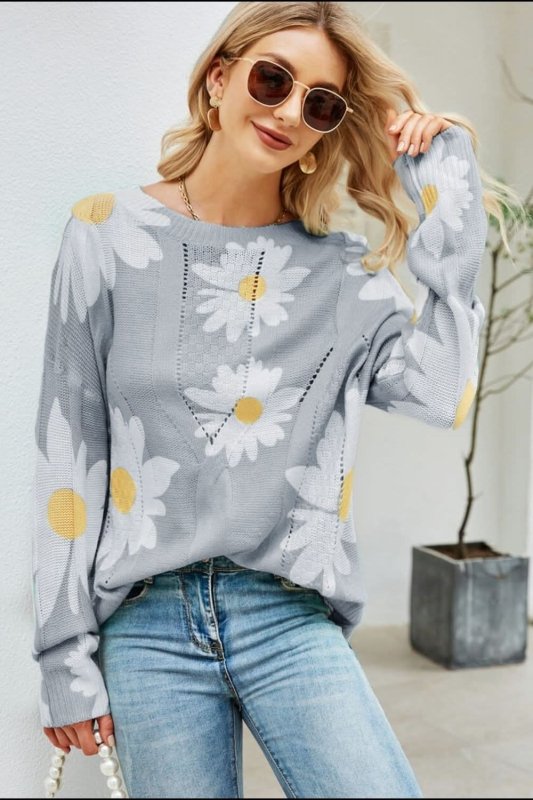 Angel Wings Daisy Print Openwork Round Neck Sweater - ShalayeFashion