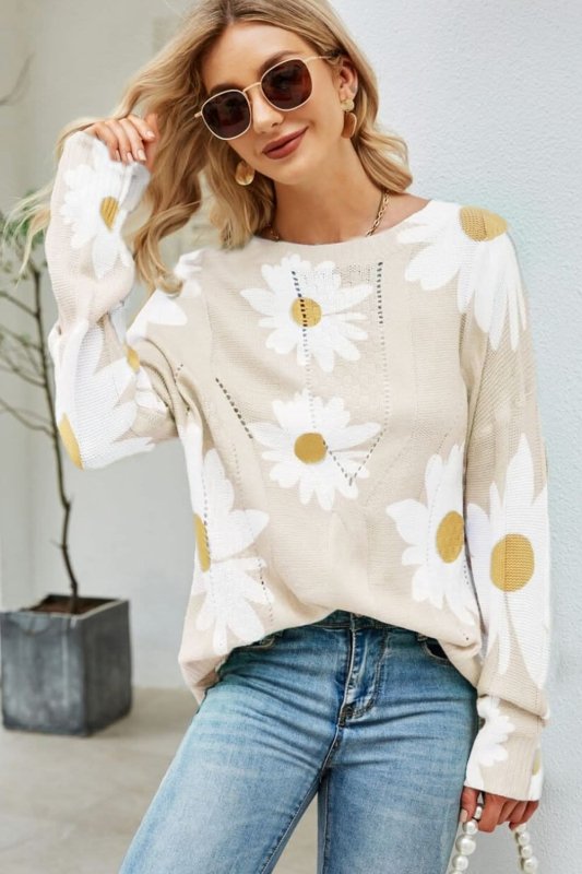 Angel Wings Daisy Print Openwork Round Neck Sweater - ShalayeFashion