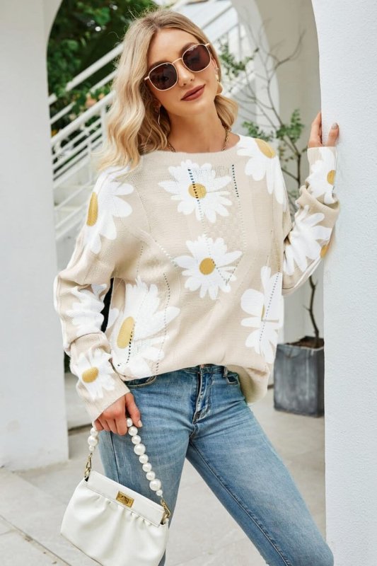 Angel Wings Daisy Print Openwork Round Neck Sweater - ShalayeFashion