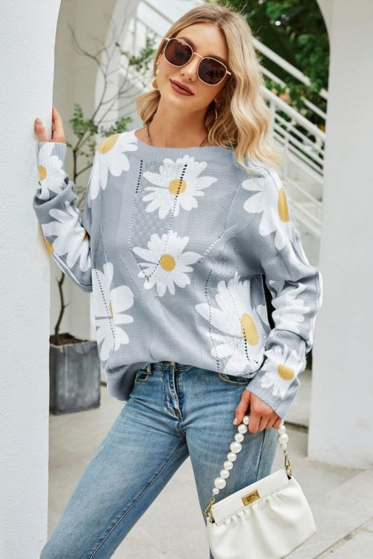 Angel Wings Daisy Print Openwork Round Neck Sweater - ShalayeFashion