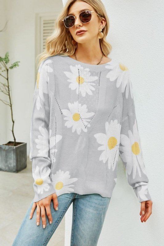 Angel Wings Daisy Print Openwork Round Neck Sweater - ShalayeFashion