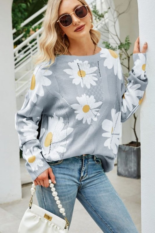 Angel Wings Daisy Print Openwork Round Neck Sweater - ShalayeFashion