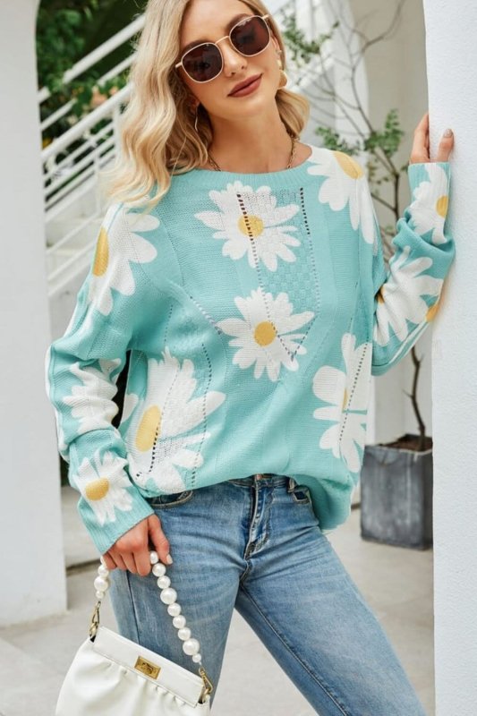 Angel Wings Daisy Print Openwork Round Neck Sweater - ShalayeFashion
