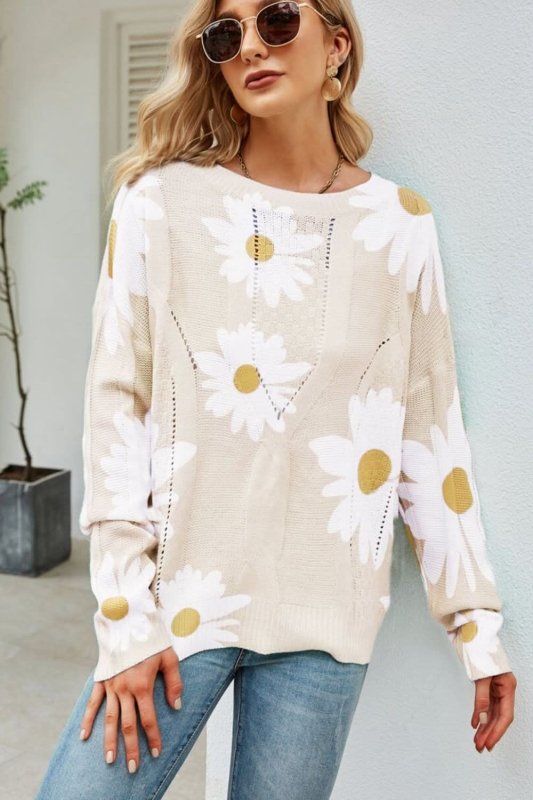 Angel Wings Daisy Print Openwork Round Neck Sweater - ShalayeFashion