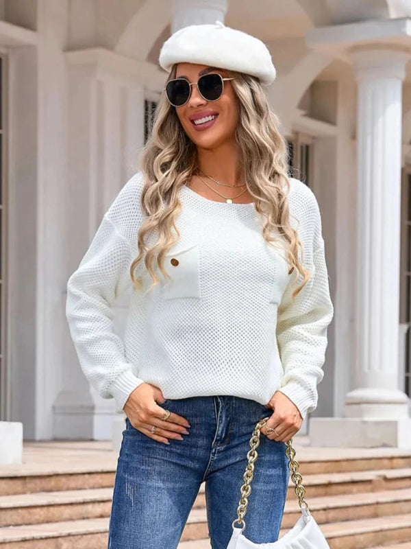 Angel Wings Decor Button Drop Shoulder Knit Top - ShalayeFashion