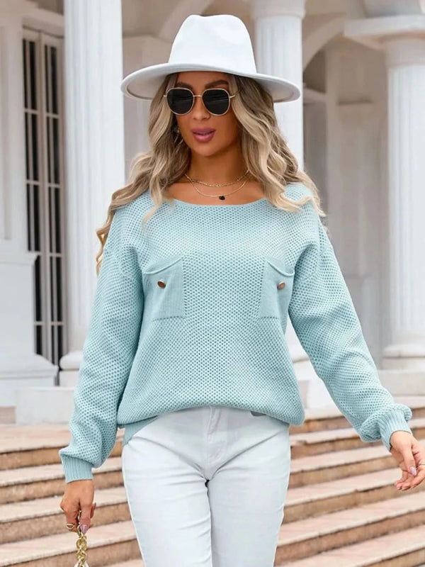 Angel Wings Decor Button Drop Shoulder Knit Top - ShalayeFashion