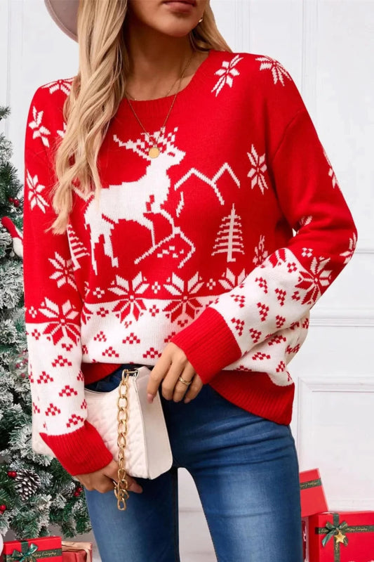 Angel Wings Deer Pattern Round Neck Long Sleeve Sweater - ShalayeFashion