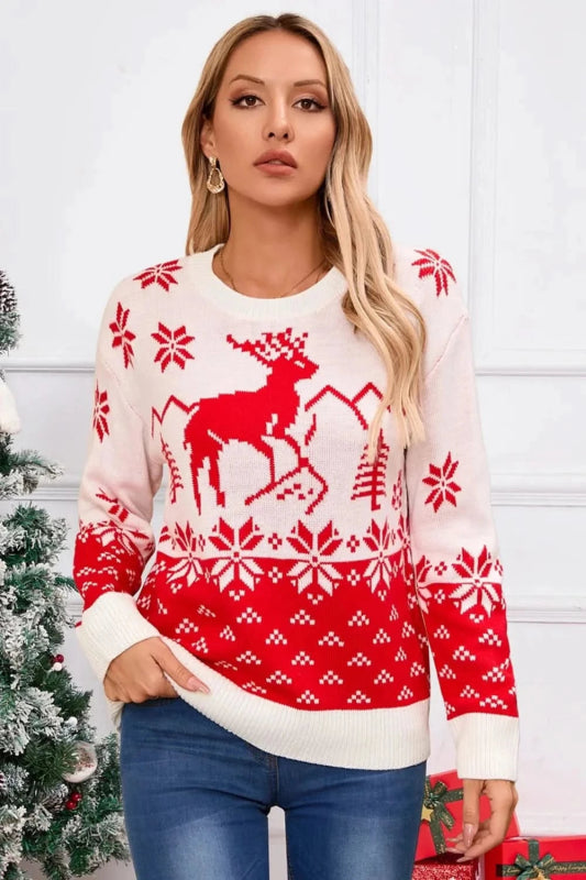 Angel Wings Deer Pattern Round Neck Long Sleeve Sweater - ShalayeFashion