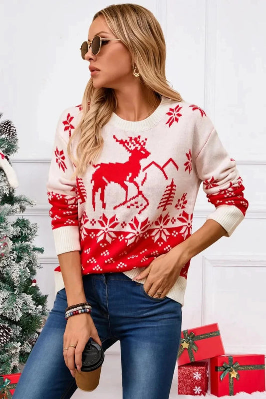 Angel Wings Deer Pattern Round Neck Long Sleeve Sweater - ShalayeFashion