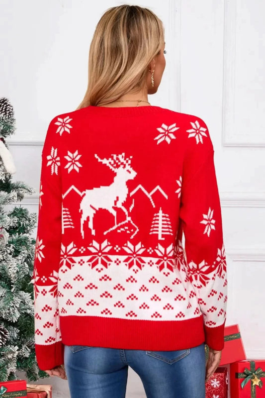 Angel Wings Deer Pattern Round Neck Long Sleeve Sweater - ShalayeFashion