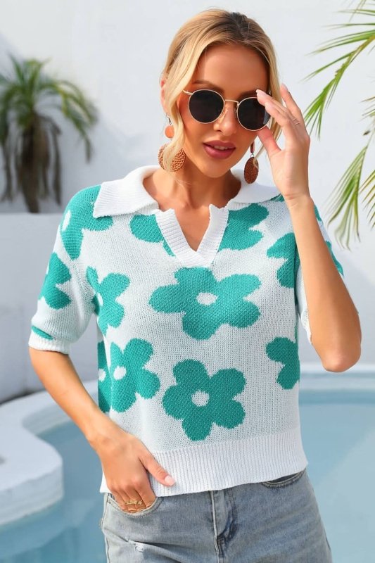 Angel Wings Floral Johnny Collar Half Sleeve Knit Top - ShalayeFashion