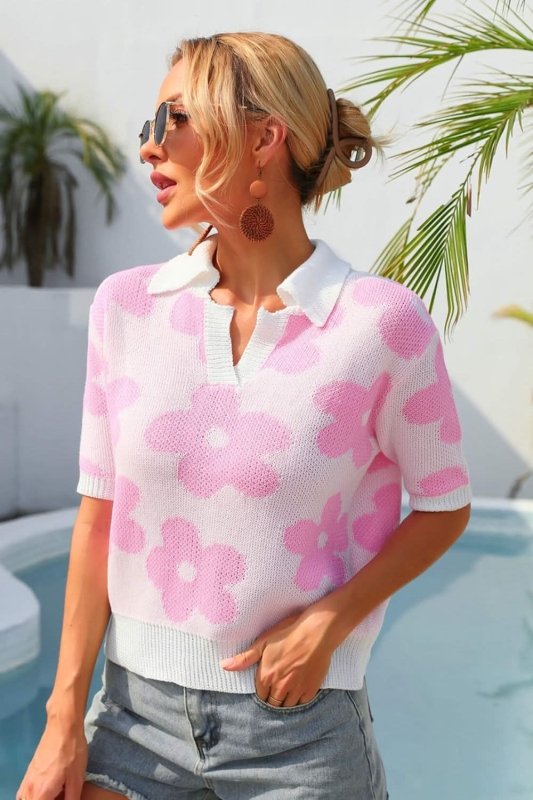 Angel Wings Floral Johnny Collar Half Sleeve Knit Top - ShalayeFashion