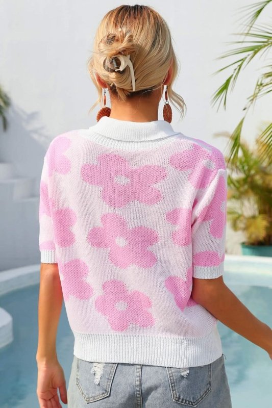 Angel Wings Floral Johnny Collar Half Sleeve Knit Top - ShalayeFashion