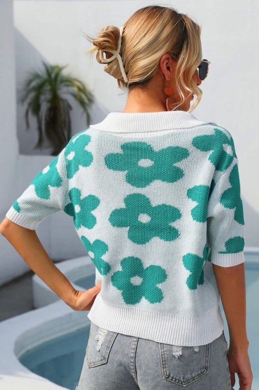 Angel Wings Floral Johnny Collar Half Sleeve Knit Top - ShalayeFashion