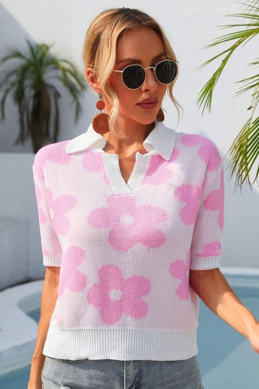 Angel Wings Floral Johnny Collar Half Sleeve Knit Top - ShalayeFashion