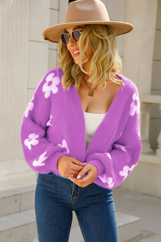 Angel Wings Floral Open Front Fuzzy Cardigan - ShalayeFashion