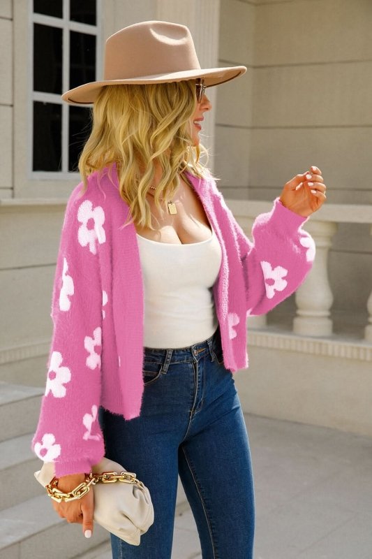 Angel Wings Floral Open Front Fuzzy Cardigan - ShalayeFashion