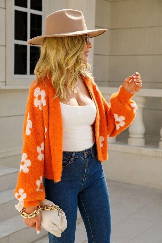 Angel Wings Floral Open Front Fuzzy Cardigan - ShalayeFashion