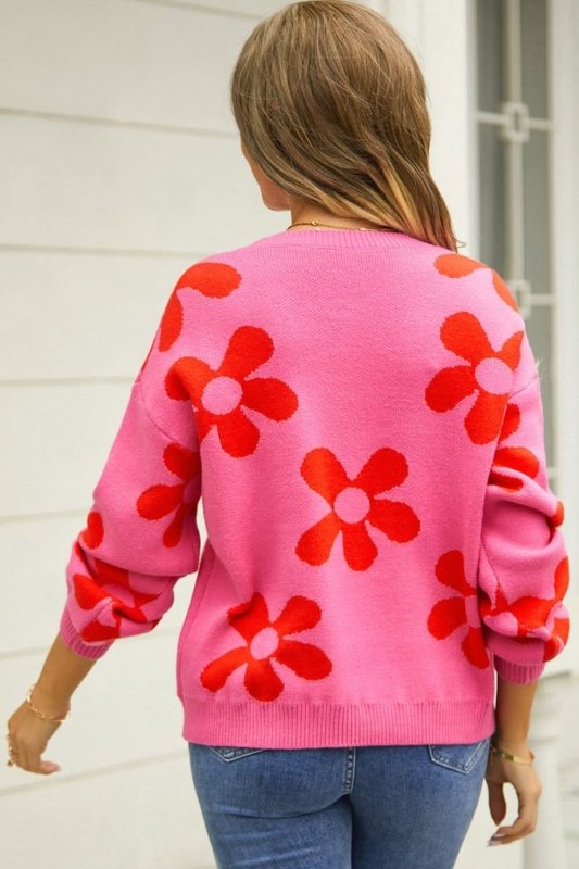 Angel Wings Floral Print Round Neck Dropped Shoulder Pullover Sweater - ShalayeFashion