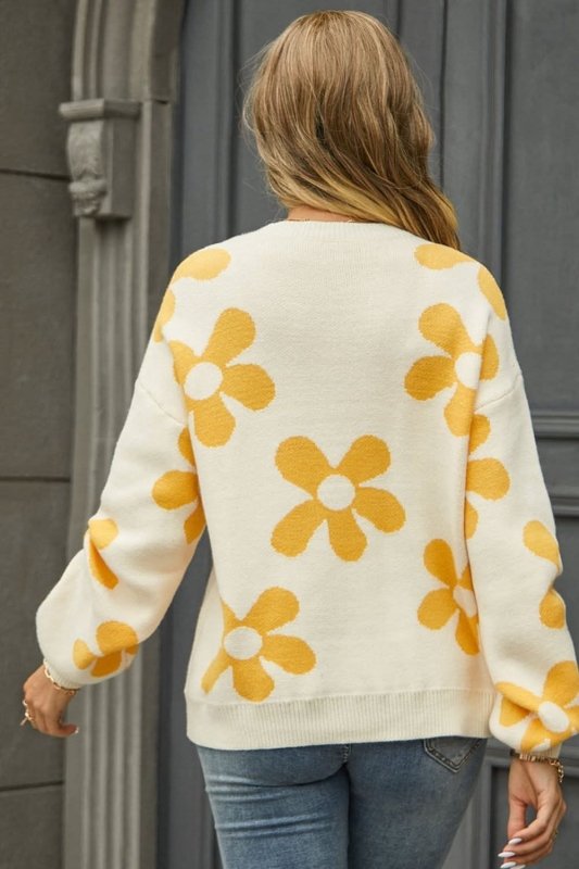 Angel Wings Floral Print Round Neck Dropped Shoulder Pullover Sweater - ShalayeFashion