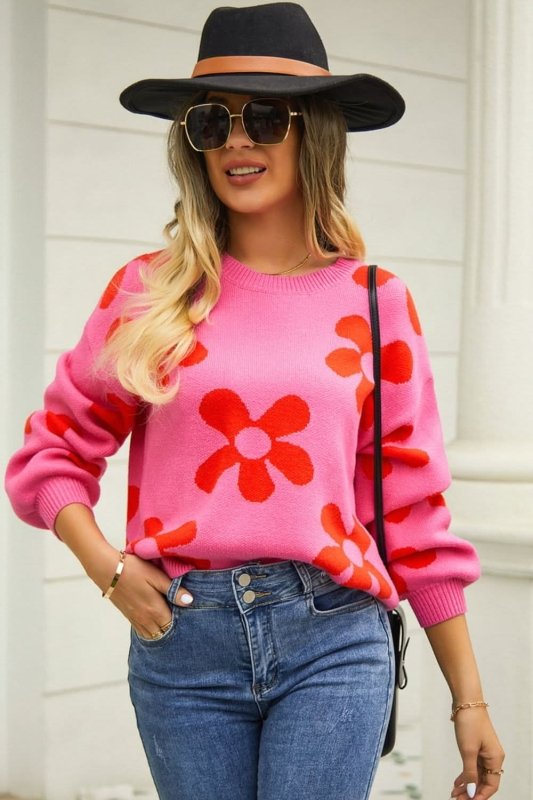 Angel Wings Floral Print Round Neck Dropped Shoulder Pullover Sweater - ShalayeFashion