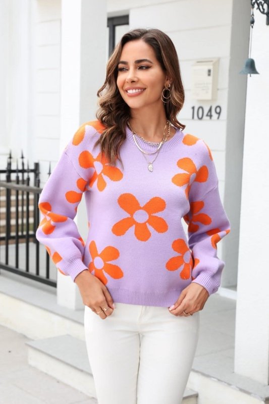 Angel Wings Floral Print Round Neck Dropped Shoulder Pullover Sweater - ShalayeFashion