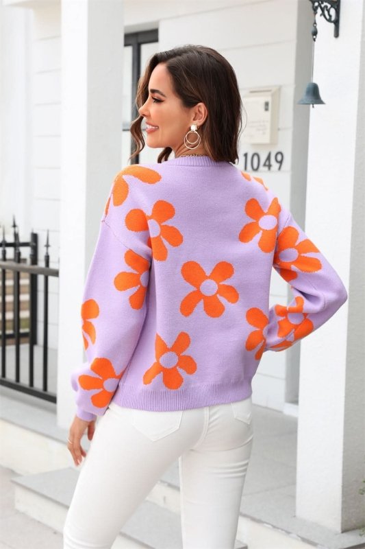 Angel Wings Floral Print Round Neck Dropped Shoulder Pullover Sweater - ShalayeFashion
