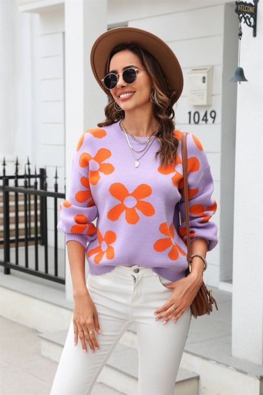 Angel Wings Floral Print Round Neck Dropped Shoulder Pullover Sweater - ShalayeFashion
