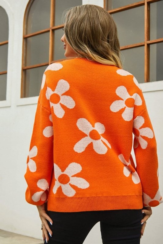 Angel Wings Floral Print Round Neck Dropped Shoulder Pullover Sweater - ShalayeFashion