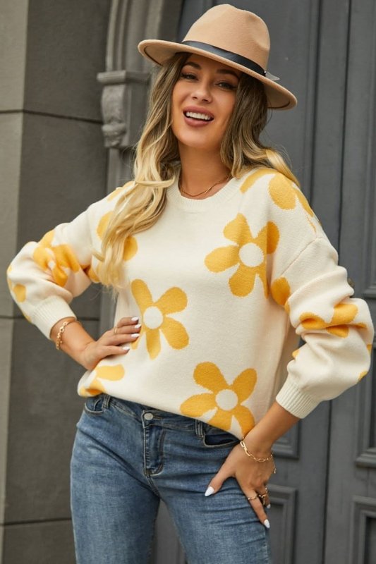 Angel Wings Floral Print Round Neck Dropped Shoulder Pullover Sweater - ShalayeFashion