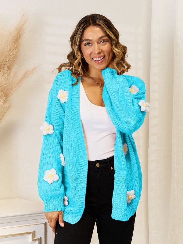 Angel Wings Flower Dropped Shoulder Open Front Cardigan - ShalayeFashion