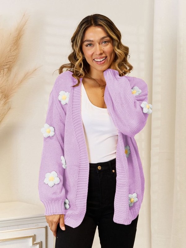 Angel Wings Flower Dropped Shoulder Open Front Cardigan - ShalayeFashion