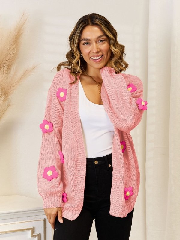 Angel Wings Flower Dropped Shoulder Open Front Cardigan - ShalayeFashion