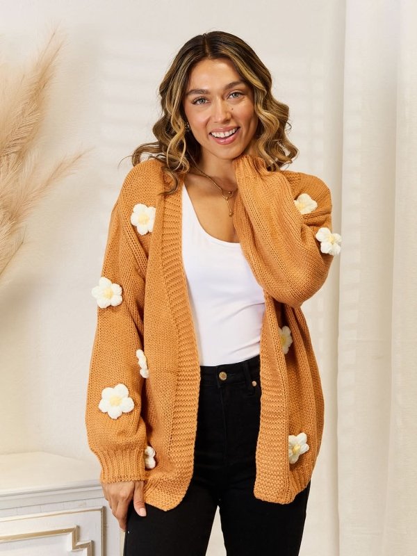 Angel Wings Flower Dropped Shoulder Open Front Cardigan - ShalayeFashion