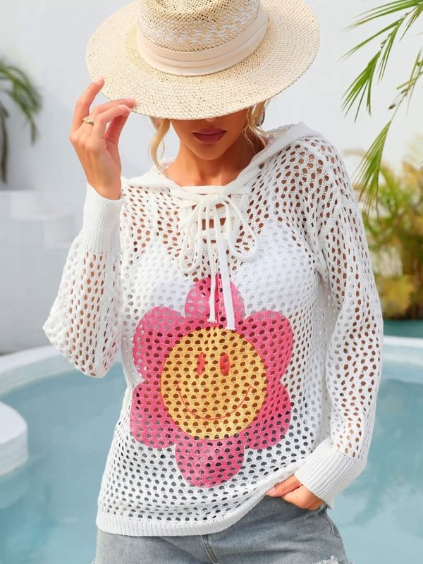 Angel Wings Flower Graphic Lace - Up Openwork Hooded Cover Up - ShalayeFashion