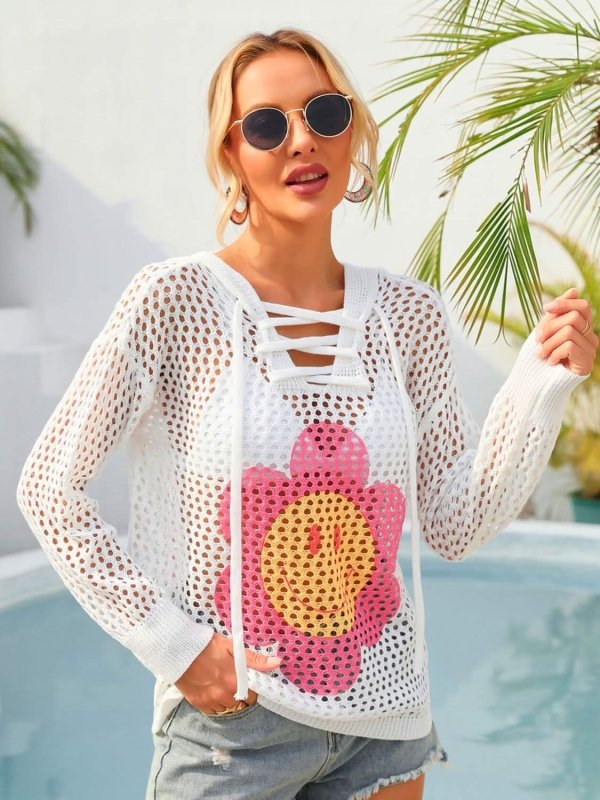 Angel Wings Flower Graphic Lace - Up Openwork Hooded Cover Up - ShalayeFashion