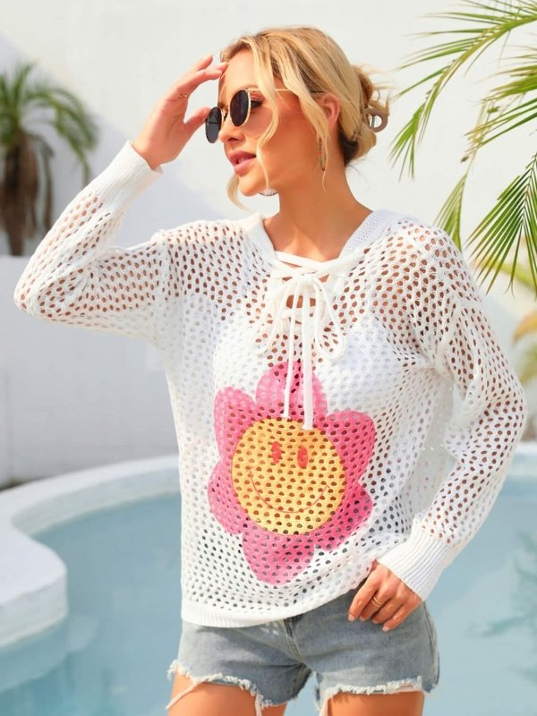 Angel Wings Flower Graphic Lace - Up Openwork Hooded Cover Up - ShalayeFashion