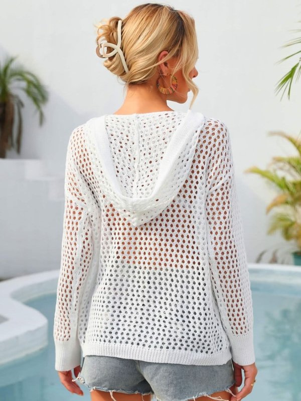 Angel Wings Flower Graphic Lace - Up Openwork Hooded Cover Up - ShalayeFashion