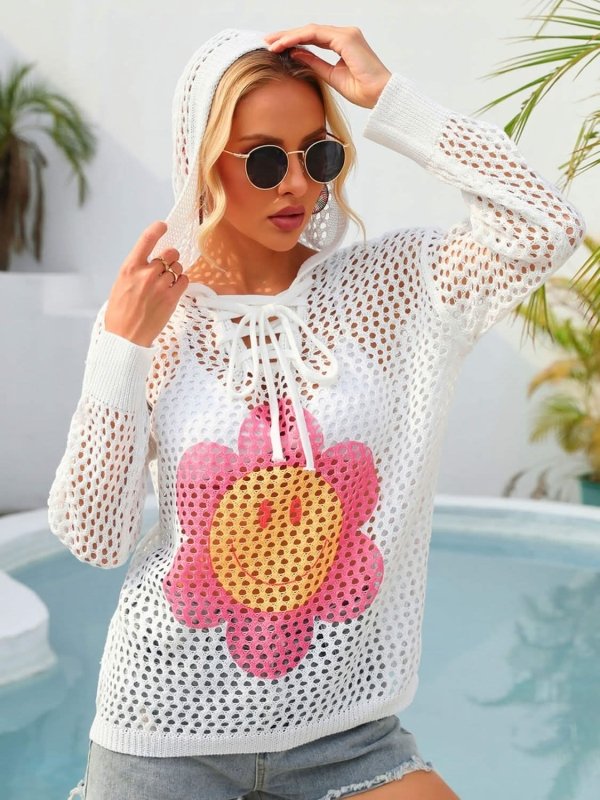 Angel Wings Flower Graphic Lace - Up Openwork Hooded Cover Up - ShalayeFashion