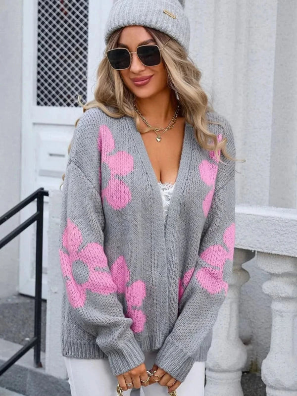 Angel Wings Flower Open Front Long Sleeve Cardigan - ShalayeFashion