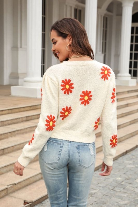 Angel Wings Flower Pattern Round Neck Short Sleeve Pullover Sweater - ShalayeFashion