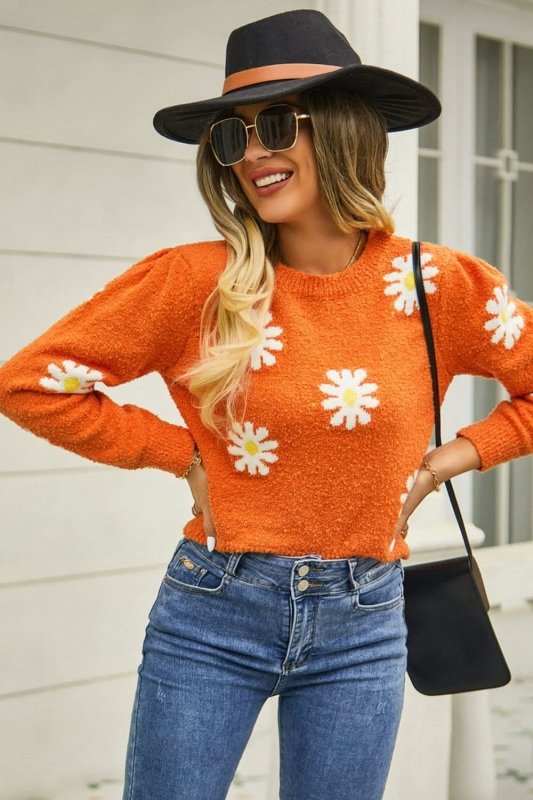Angel Wings Flower Pattern Round Neck Short Sleeve Pullover Sweater - ShalayeFashion