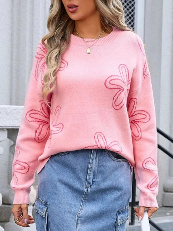 Angel Wings Flower Round Neck Dropped Shoulder Sweater - ShalayeFashion