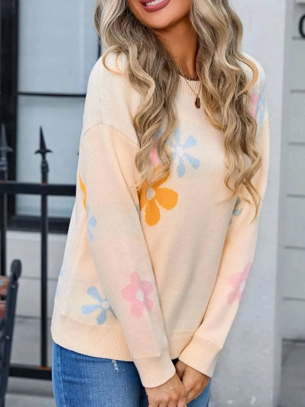 Angel Wings Flower Round Neck Dropped Shoulder Sweater - ShalayeFashion