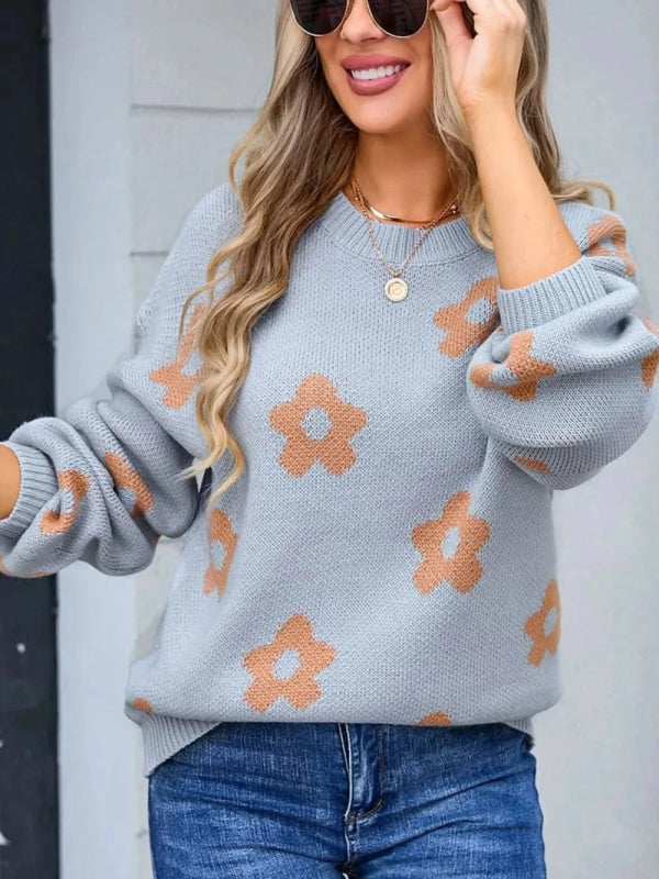 Angel Wings Flower Round Neck Dropped Shoulder Sweater - ShalayeFashion