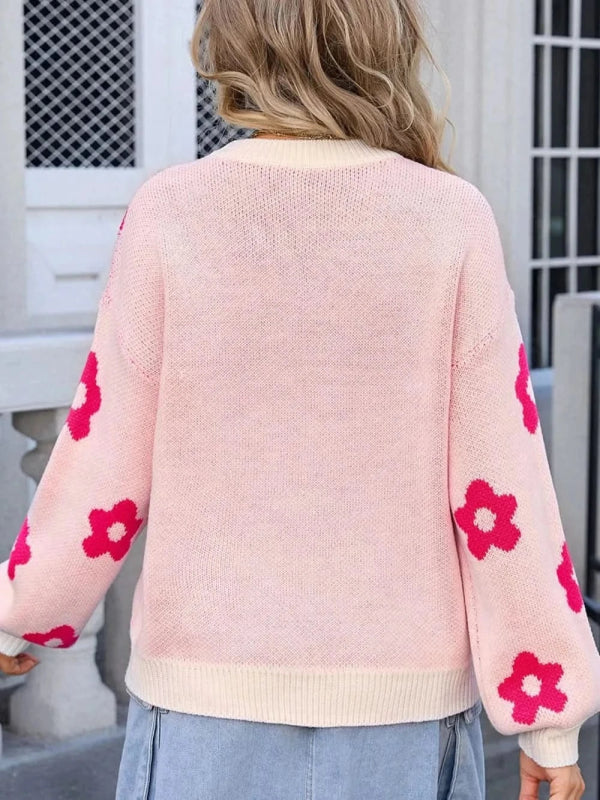 Angel Wings Flower Round Neck Dropped Shoulder Sweater - ShalayeFashion