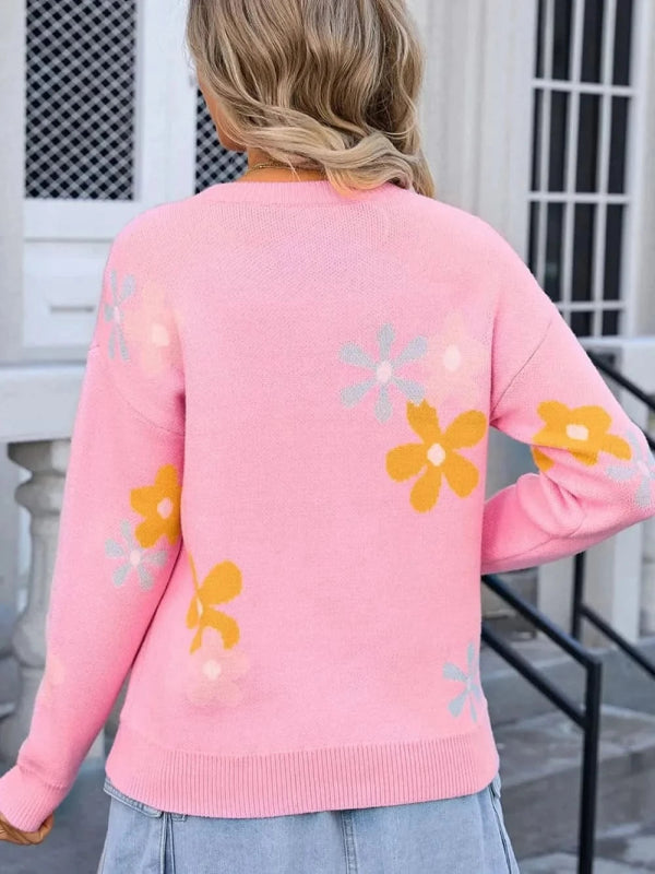 Angel Wings Flower Round Neck Dropped Shoulder Sweater - ShalayeFashion