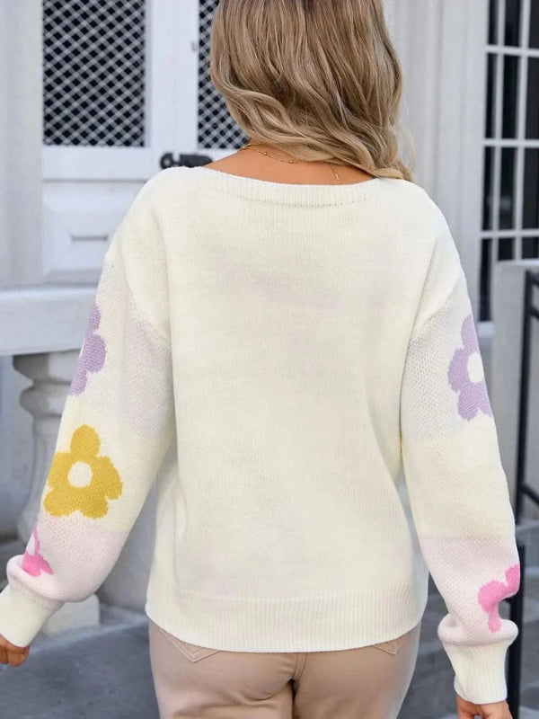 Angel Wings Flower Round Neck Dropped Shoulder Sweater - ShalayeFashion