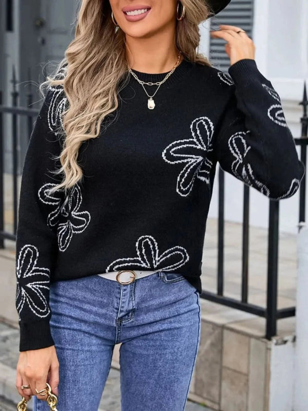 Angel Wings Flower Round Neck Dropped Shoulder Sweater - ShalayeFashion