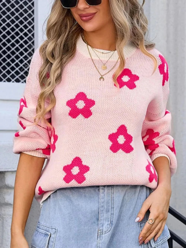 Angel Wings Flower Round Neck Dropped Shoulder Sweater - ShalayeFashion